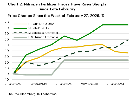 Chart 2 is a line chart showing percentage price changes in nitrogen fertilizer markets since the week of February 27, 2026. The vertical axis shows price changes in percent, ranging from about  10 percent to 90 percent, and the horizontal axis shows weekly dates from late February to late April 2026. Middle East urea prices rise the most, increasing sharply to around 85 percent by late April. U.S. Gulf NOLA urea prices also rise rapidly, peaking near 51 percent in mid April before easing slightly. Middle East ammonia prices increase more gradually, reaching roughly 59 percent by late April. U.S. Tampa ammonia prices remain relatively flat early on, then rise to about 24 percent and stabilize. Overall, urea prices, particularly in the Middle East, show the largest and fastest increases over the period.