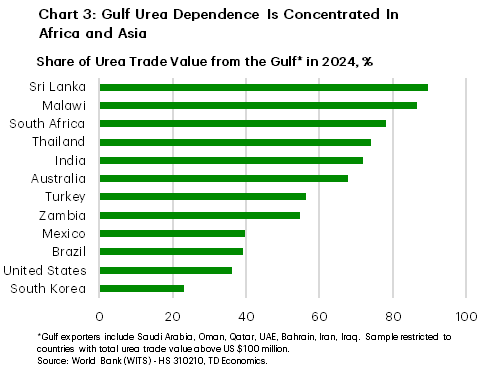 Chart 3 is a horizontal bar chart showing the share of urea trade value sourced from the Gulf in 2024, measured in percent. The horizontal axis shows percentages from 0 to 100, and the vertical axis lists countries. Sri Lanka and Malawi have the highest reliance on Gulf urea, at close to 90 percent of trade value, followed by South Africa and Thailand at around 75 to 80 percent. India and Australia each source roughly 65 to 70 percent of urea trade value from the Gulf. Turkey and Zambia are slightly below 60 percent, while Mexico, Brazil, and the United States are around 35 to 40 percent. South Korea shows the lowest dependence, at just over 20 percent. Overall, dependence on Gulf urea is highest across parts of Africa and Asia. 