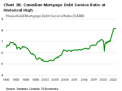 Chart 3b: The chart shows the Canadian mortgage debt service ratio (DSR) for 1990-2024. The mortgage DSR fell from 6-7 at the start of the 1990's to just above 5 by the start of the 2000's. The DSR then trended upward to 6 prior to 2008 and trended sideways thereafter until it began to rise again in 2016 and return to its early 1990's high of 6-7 by 2019. The DSR fell sharply in 2020-2021, but subsequently rose sharply in 2022-2023 and plateaued at a new record above 8 in 2024.