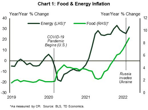 Chart 1 shows the level of food and energy inflation as measured by the Consumer Price Index. In March 2022, food inflation accelerated to 8.8% year-on-year, whereas energy inflation accelerated to 32% year-on-year.