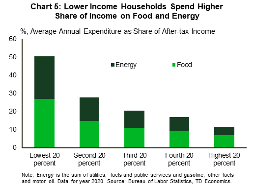 Chart 5 shows expenditures on food and energy as a share of after-tax income for year 2020 by income quintile. The lower the income, the higher the expenditure share devoted to food and energy, with those in the lowest 20% income tranche spending roughly half of their after-tax income on food and energy.