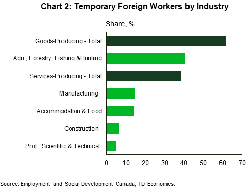 Chart 2 shows the Canadian industry sectors with the highest share of temporary foreign workers. It shows greater share in the service producing industries, such as accommodation and food services.