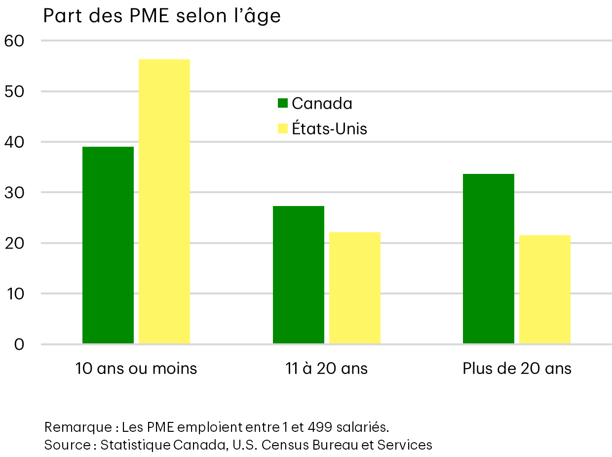 Part des petites et moyennes entreprises par année d'ancienneté, %