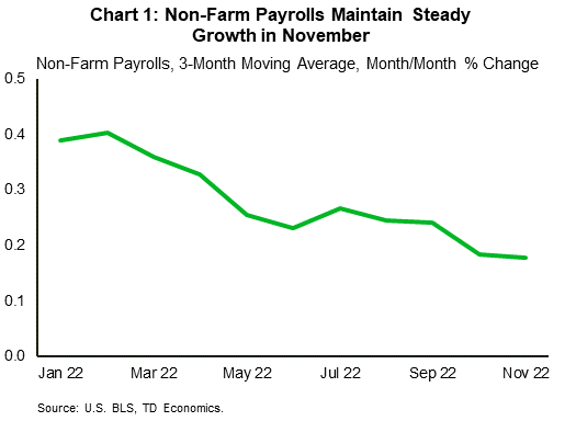 Chart 1: Monthly growth in non-farm payrolls has fallen gradually for the past year, coming down from the exceptionally strong post-pandemic growth seen in 2021. Growth in 2022 has remained solid, growing at a rate of 0.2% month-on-month for the past four months.