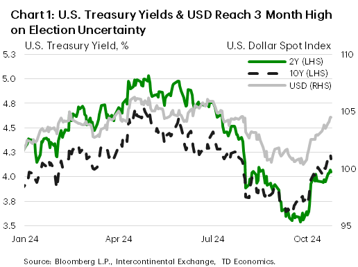 Financial News Chart 1: The chart shows daily year-to-date data for the U.S. 2-year and 10-year Treasury yields, as well as for the U.S. Dollar spot index. All three financial variables rose in tandem through the first half of the year, with the 2- and 10-year Treasury yields hitting a peak of roughly 4½-5% around mid-year, before falling in tandem through to the end of September. Since the start of October, both Treasury yield and the U.S. dollar have risen, with all three now at a three-month high.