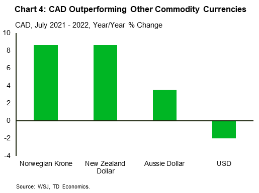 Chart 4 shows the year-on-year % change in the Canadian dollar versus various other currencies. It shows the CAD has increased versus various commodity currencies even though it has depreciated versus the USD.