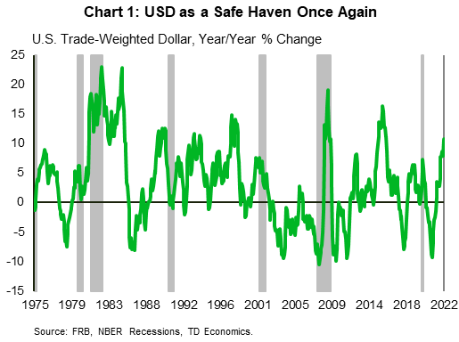 Le graphique 1 montre les fluctuations en pourcentage sur 12 mois du dollar américain pondéré en fonction des échanges de 1975 à 2022 par rapport aux récessions américaines précédentes. Il montre que le dollar américain progresse durant les récessions, la hausse actuelle étant proche des moyennes historiques.