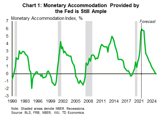 Chart 1 shows the Monetary Conditions Index from 1990 to 2024. It shows four cycles with economic recessions shaded in grey. The current level of 6 is an all-time high. We see this declining over the next few years.