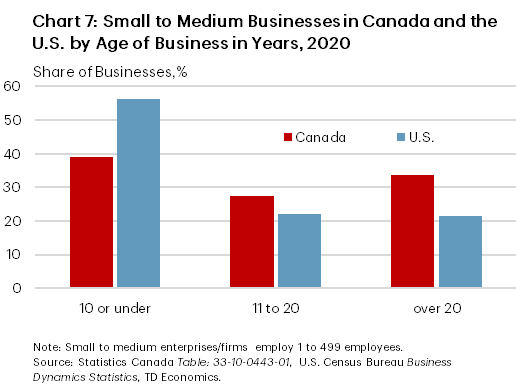 Chart 7 shows the share of small to medium businesses (enterprises/firms employing less than 500 people) in Canada and the U.S. by age of business in 2020. The share of businesses that were 10 years or under was lower in Canada at 39% compared to 56% in the U.S. On the other hand, the share of those 11 to 20 years and over 20 years was higher in Canada at 27% and 34%, respectively, compared to 22% for each age group in the U.S.