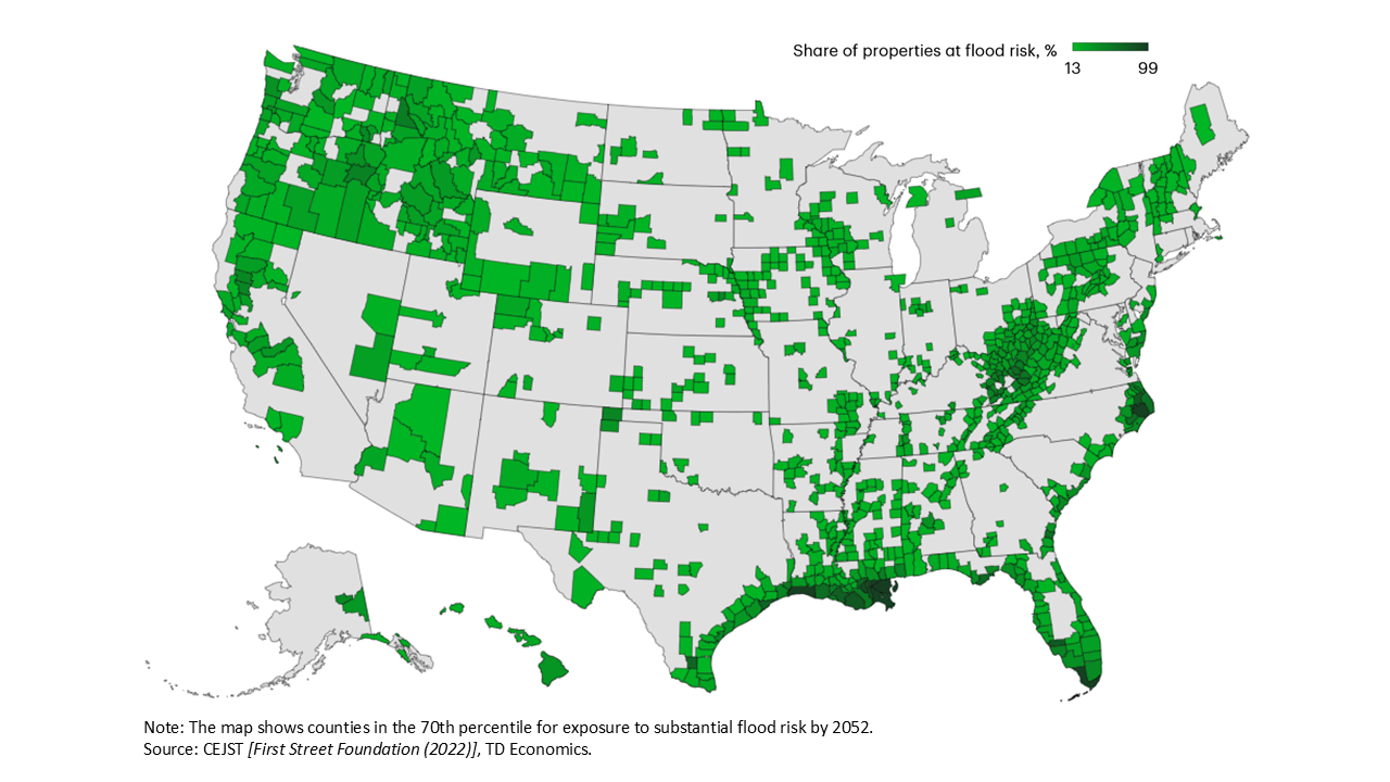 Map 2a shows the distribution of counties with significant wildfire risk, or in the 70th percentile for exposure to moderate-to-high wildfire risk, over the next thirty years (2022 to 2052).