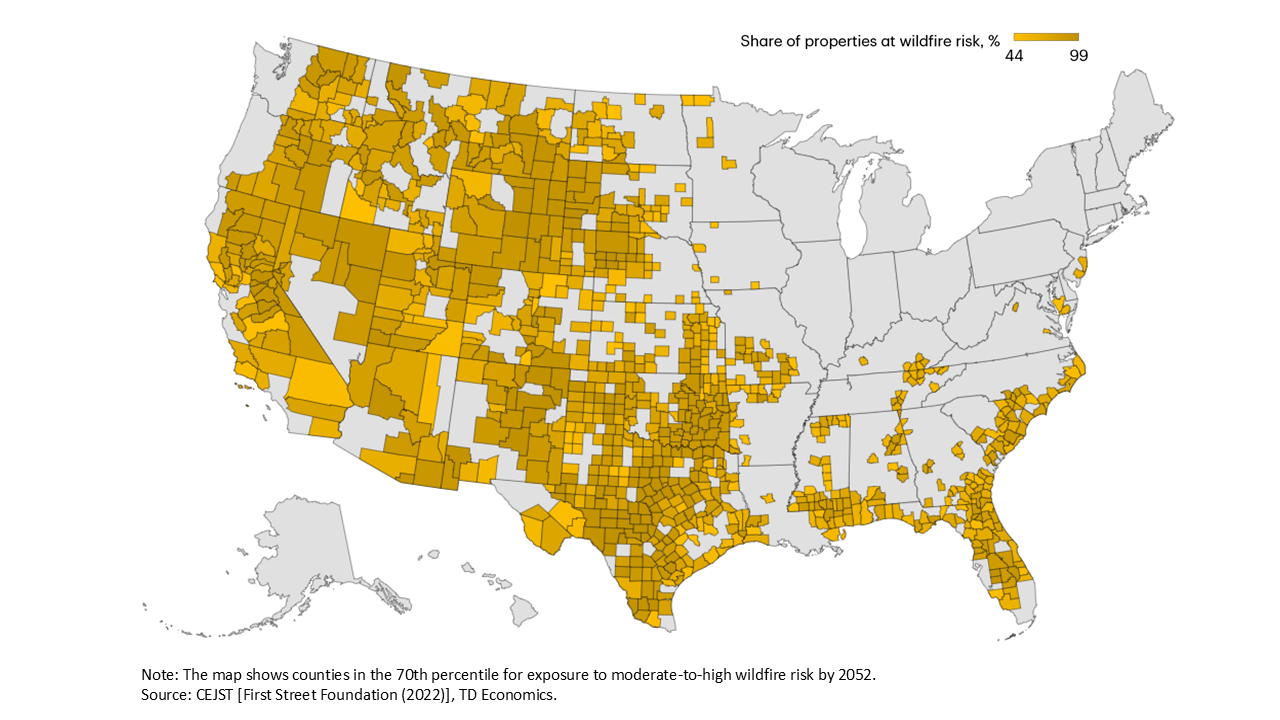 Map 2a shows the distribution of counties with significant wildfire risk, or in the 70th percentile for exposure to moderate-to-high wildfire risk, over the next thirty years (2022 to 2052).