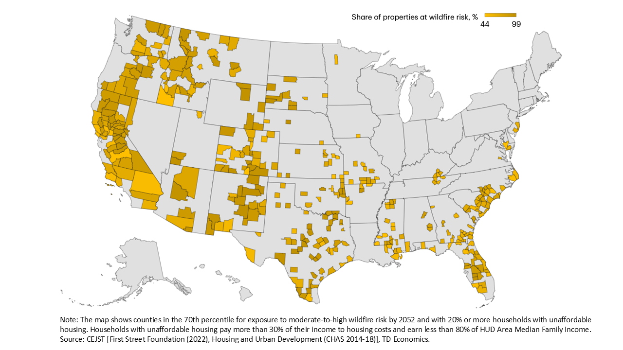 Map 2b shows the distribution of counties with significant wildfire risk, or in the 70th percentile for exposure to moderate-to-high wildfire risk, over the next thirty years (2022 to 2052) and unaffordable housing, where 20% or more households spend over 30% of their income on housing costs while earning less than 80% of HUD Area Median Family Income.