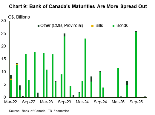 Chart 9 shows the dollar amount of maturing securities (in billions of Canadian dollars) on the Bank of Canada's balance sheet from March 2022 to December 2025. Assets are primarily comprised of government securities whose maturity schedule is more uneven and spread out relative to that of the Fed.