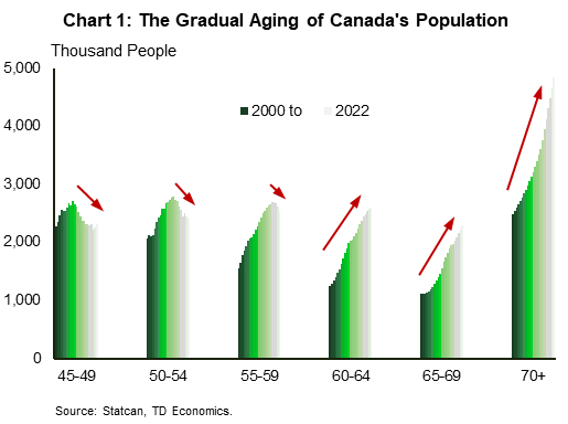 Chart 1 shows the evolution in the number of people in the age cohorts of 45-49, 50-54, 55-59, 60-64, 65-69, and 70+ from 2000 to 2022. It shows a significant number of people have entered older age in the last two decades. 