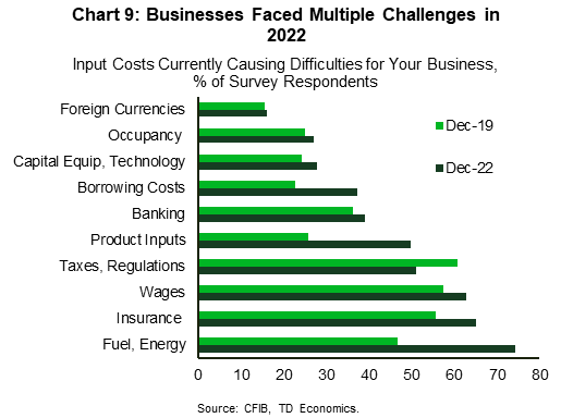 Chart 9 shows a list of a various input costs tat were causing difficulties for small businesses in 2022 and 2019 based on the CFIB survey of small businesses Business Barometer. In particular it is showing the share of respondents reporting various costs as being an issue has increased in 2022, with particularly big increase in fuel and energy costs (over 70% of survey respondents cited this as an issue in 2022 versus over 40% in 2019), insurance, wages, borrowing costs and product input costs.  