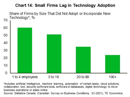 Chart fourteen shows that small firms lagged in technology adoption during the pandemic. Sixty percent of small firms with less than 5 employees and half of firms with less than 20 employees did not adopt new technology or process during the pandemic. By compassion, just a quarter of firms with more than 100 employees did not adopt any new technology during this period of time.