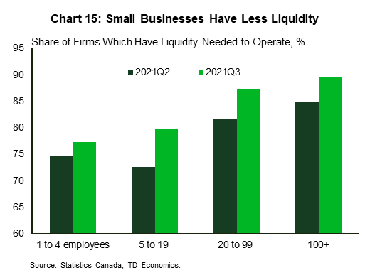 Chart fifteen shows the share of firms which have liquidity necessary to operate. Liquidity improved between the second and third quarter of 2021 for firms of all sizes, but small firms continued to be less liquid than larger ones. Between 77 and 80 percent of firms with less than 20 employees had liquidity needed to continue to operate. For larger firms, this share was closer to ninety percent.