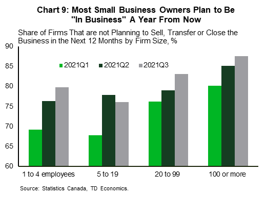 Chart nine shows the share of business owners that are not planning to sell, transfer or close their busines in the next twelve months. Results are presented by firm size and cover the first, second and third quarter of 2021. Most business owners were planning to be 