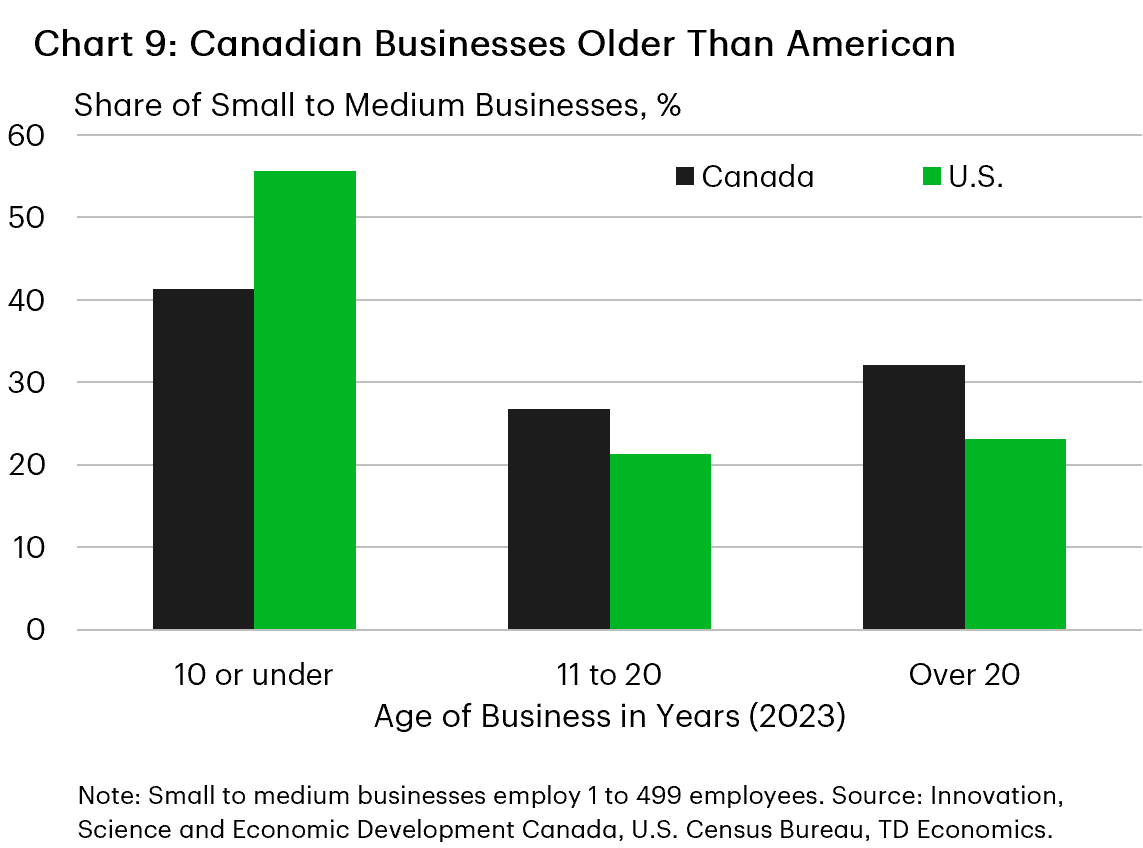 Chart 9 compares the age distribution of small and medium-sized businesses in Canada and the U.S. in 2023. Younger firms account for a larger share of U.S. businesses, with 56% aged 10 years or less versus 41% in Canada. Canada has a larger share of older firms, with 32% over 20 years old compared with 23% in the U.S., while firms aged 11–20 years represent 27% and 21%, respectively.