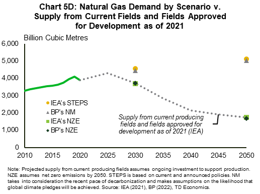 Chart 5D shows natural gas demand by scenario versus supply from current fields and fields approved for development as of 2021. Natural gas demand in the IEA's net zero scenario in 2030 and 2050 closely aligns with supply values of 3,718 and 1,746 billion cubic metres in 2030 and 2050, respectively. BP's net-zero scenario demand is also close to the projected supply in 2030 and 2050. Demand in IEA's STEPS scenario and BP's NM scenario exceeds supply.