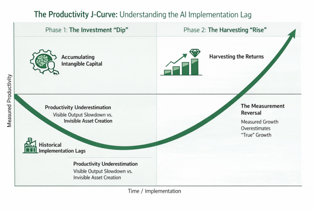 The infographic depicts a curved line first dipping down and then curving up smoothly plotted against measured productivity over time. The chart is divided into two phases. Phase 1 is labeled ‘The Investment Dip.’ In this phase, firms adopt and adapt to new technology and the productivity curve slopes downward since firms are accumulating intangible capital, such as data, systems, skills, and organizational capabilities. Measured productivity may appear weaker during this period due to productivity underestimation, where visible output slows while invisible assets are being built. Phase 2 is labeled ‘The Harvesting Rise.’ In this phase, the productivity curve turns upward sharply. This section is labeled ‘Harvesting the Returns.’ As complementary investments to the new technology are completed and the new technology is integrated into core workflows, measured productivity rises. A note on this side refers to a measurement reversal, where measured productivity growth may temporarily overstate underlying gains after integration takes hold. The infographic illustrates that productivity gains from new technologies, including artificial intelligence, often arrive only after an initial period of investment and reorganization marked by lowered measured productivity.