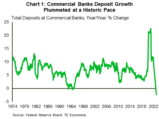 Chart 1 shows the monthly series of year-on-year growth in commercial banks' deposits since 1974. In February 2023, the series declined by 2.3% - highest in the history.