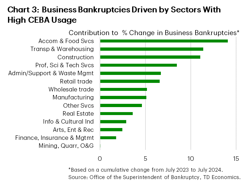 Chart 3 shows the contribution to the % change in business bankruptcies at the industry-level based on the cumulative change in bankruptcies from July 2023 to July 2024. The chart shows that the surge in business bankruptcies is driven by the accommodation and food services, transportation and warehousing, and construction industries. These three industries alone contribute approximately 37% of all business bankruptcies. These industries also have the largest share of firms that requested CEBA loans during the pandemic.