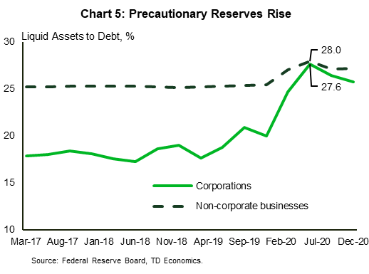 Chart 5 shows liquid assets as a share of total debt for corporations and non-corporate businesses from the first quarter of 2017 to the fourth quarter of 2020. The share of liquid assets improved for corporations from 20% in 2019 to almost 30% by mid-2020. The share of liquid assets for non-corporate businesses also improved, but only marginally – from 26% to 28%.