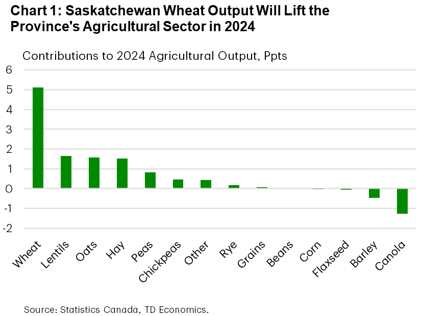 Chart 1 shows the contribution, by crop, to Saskatchewan's total agricultural output in 2024. Wheat production makes the biggest contribution at 5.1 percentage points (ppts). Meanwhile, a decline in canola production shaves 1.3 ppts off total agricultural output.