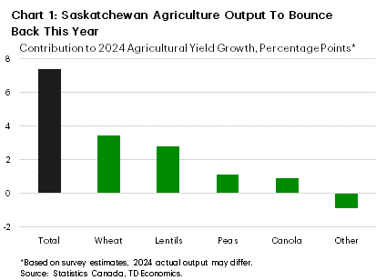 Chart 1 shows the contribution to total estimated crop yield growth in 2024. Total growth is estimated at 7.3%. Of this, wheat production is expected to account for 3.4 percentages points (ppts) of total growth, lentils at 2.8 ppts, peas at 1.1 ppts, and canola at 0.9 ppts. Aggregating all other crops, estimated yields are expected to fall, accounting for -0.9 ppts. 