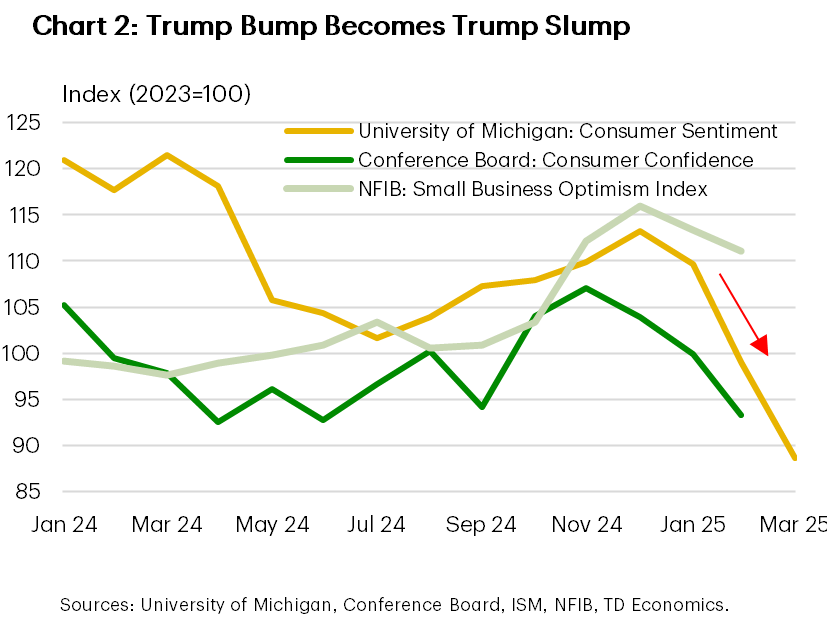 Chart 2 shows Consumer Sentiment, Consumer Confidence, and Small Business Optimum indexes, indexed to 100 in 2023 and spanning from January 2024 to February 2025. All three measures have been declining since December 2024.