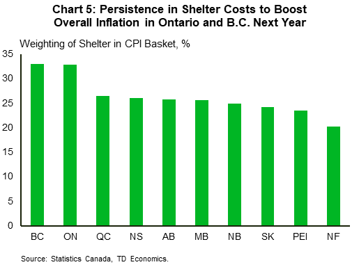 Chart 5 shows the weighting of Shelter in the CPI basket, by province. B.C.'s weighting is 33%, Ontario's is 32.9%, Quebec's is 27%, Nova Scotia's is 26%, Alberta's is 25.7%, Manitoba's is 25.6%, New Brunswick's is 24.9%, Saskatchewan's is 24.3%, PEI's is 23.6%, Newfoundland and Labrador's is 20.2%.