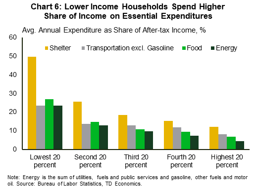 Chart 6 is a grouped bar graph showing average annual expenditure as a share of after tax-income for the five income groups. It shows that the lowest 20% of income earners spend a larger proportion of their income on essential such as shelter, transportation, food and energy than any other income group and significantly more that earners in the top income quintile.