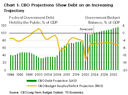Chart 1: This chart shows the CBO's projections for the level of federal government held by the public and the federal government budget balance, from 1988 to 2034, both as a percentage of GDP. The level of government debt held by the public rises from around 40% of GDP in 1988 to 60%  around 2010. It keeps rising to 100% in 2020 and over 110% in 2034. The government budget balance is usually negative and averaged around -4% of GDP from 1988 to 2020. Since 2020, it has been -6% of GDP is projected to stay there through 2034. 